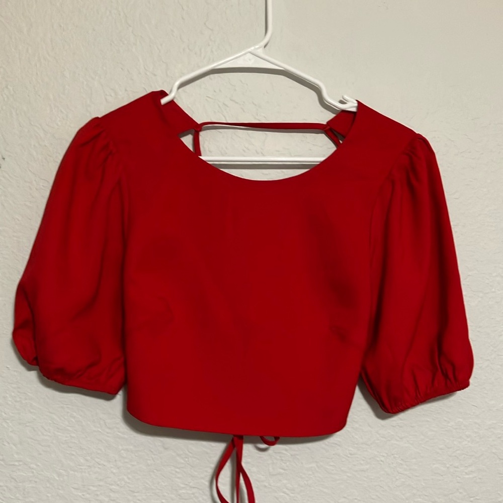 Lulu's Red Puff Sleeve Crop Blouse